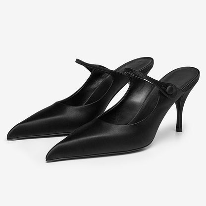 Black Closed Pointed Toe Stiletto Heel Buckled Strap Mules for Women