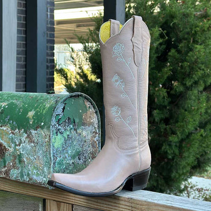 Nude Rose Embroidered Chunky Heel Mid-Calf Cowboy Boots for Women