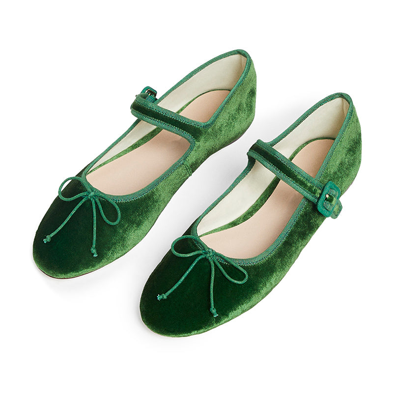 Green Velvet Vintage Shoes Round Toe Women's Mary Jane Flats with Bow