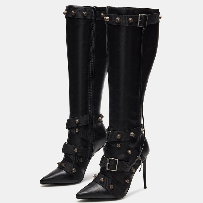 Black Pointed Toe Stiletto Heel Zipper Studs Knee High Boots