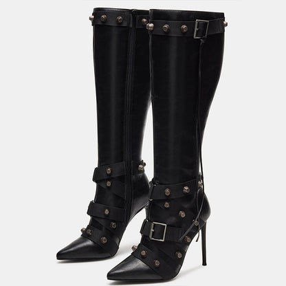 Black Pointed Toe Stiletto Heel Zipper Studs Knee High Boots
