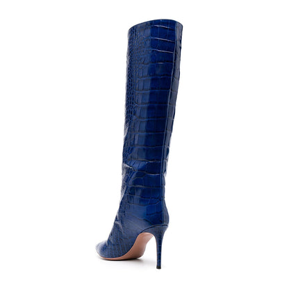 Cobalt Blue Pointy Croco Embossed Knee High Boots with Stiletto Heel