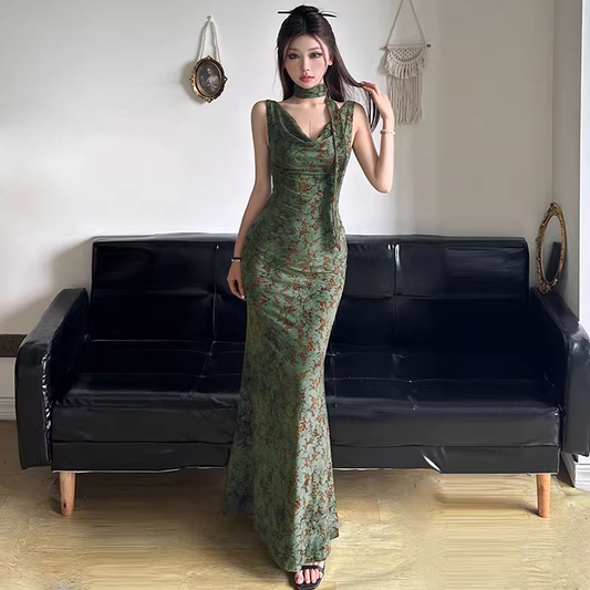 Vintage Green Floral V-neck Mermaid Summer Dresses Prom Dress Evening Dress TP4340