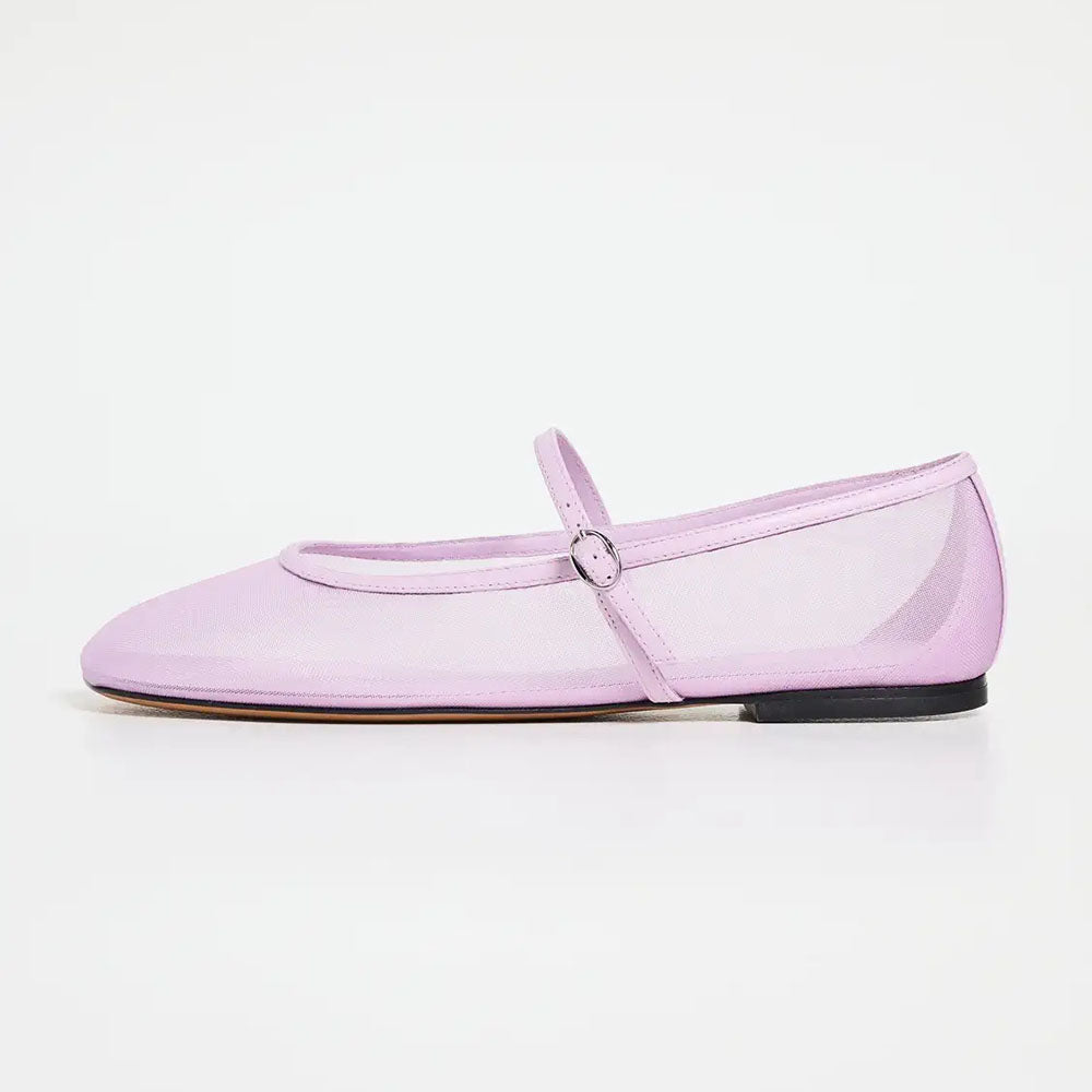Lavender Mesh Square Toe Buckled Bridge Strap Mary Jane Flats