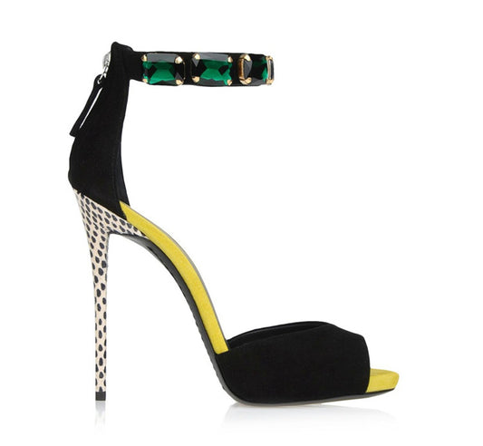 Black Peep Toe Heels Rhinestone Embellished Ankle Strap Stiletto Shoes
