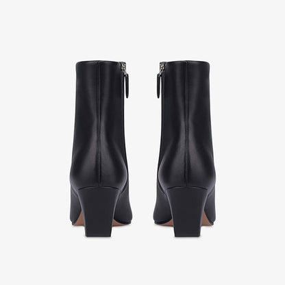 Black Pointed Toe Block Heel Side Zipper Ankle Boots for Women