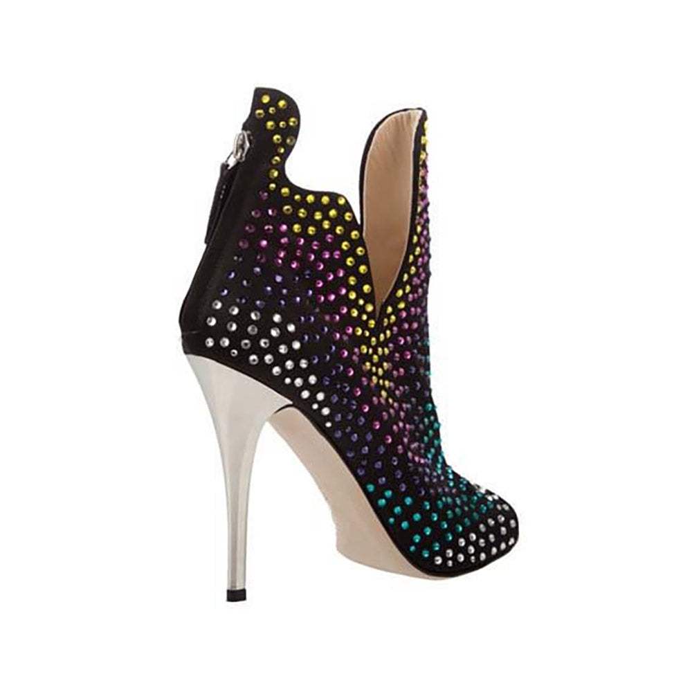 Black Heeled Booties Open Toe Cut Out Colorful Rhinestone Ankle Boots