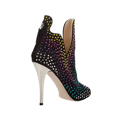 Black Heeled Booties Open Toe Cut Out Colorful Rhinestone Ankle Boots