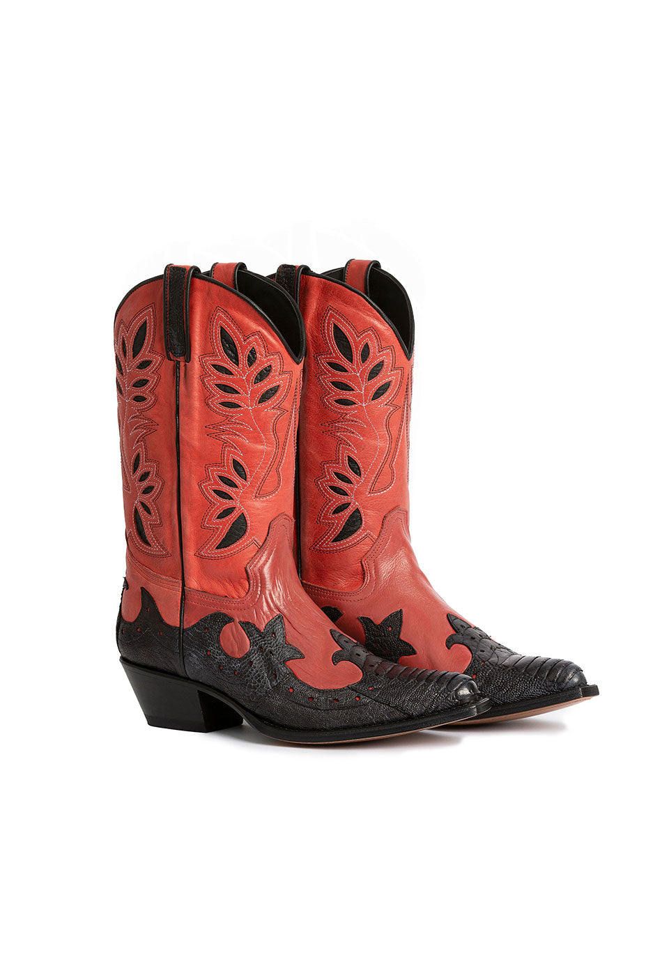 Black & Red Vegan Leather Pointed Toe Embroidered Wide Calf Cowgirl Ankle Boots With Chunky Heels