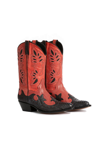 Black & Red Vegan Leather Pointed Toe Embroidered Wide Calf Cowgirl Ankle Boots With Chunky Heels
