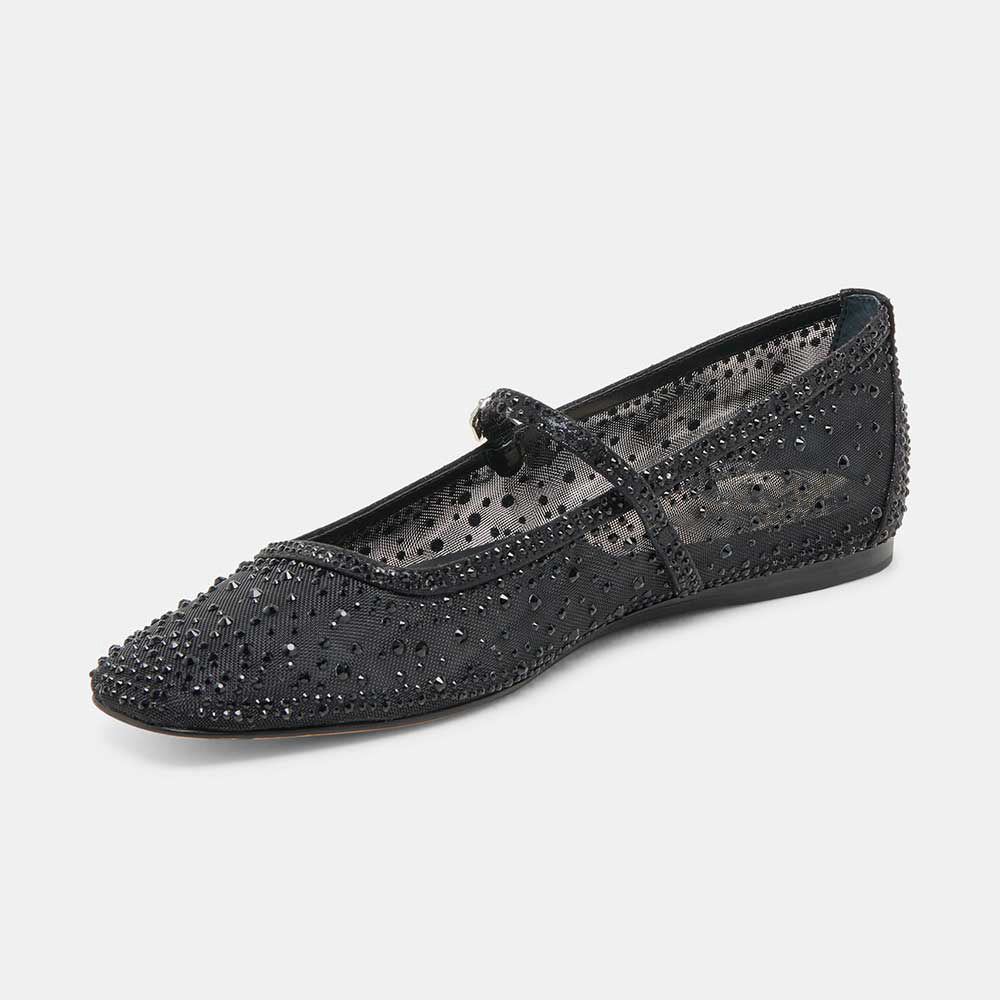 Black All-Over Rhinestone Square Toe Buckle Strap Mesh Flats