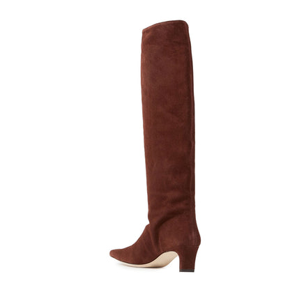 Brown Vegan Suede Pull-On Square Toe Chunky Heel Knee High Boots