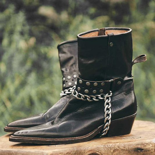 Black Chain Studs Pointed Toe Chunky Heeled Ankle Boots with Zipper