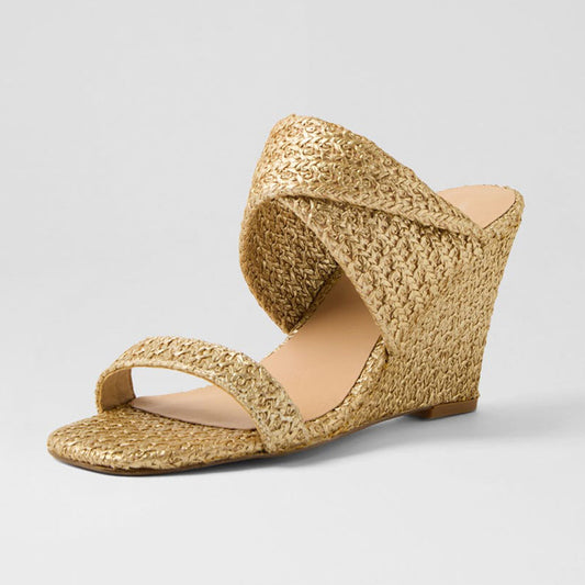 Chic Gold Raffia Woven Open Square Toe Wedge Sandals for Women