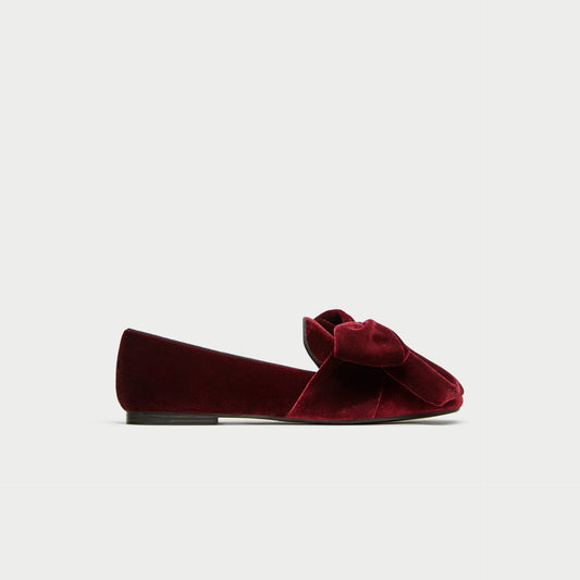 Women's Cute Burgundy Velvet Round Toe Loafer Flats with Bow
