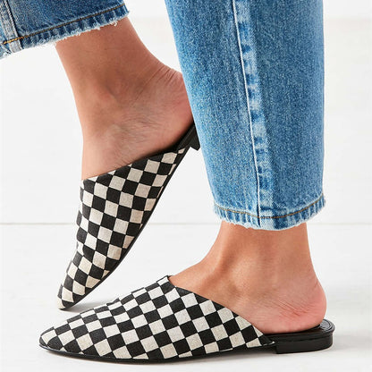 Women's Black and White Plaid Mules Comfortable Flats