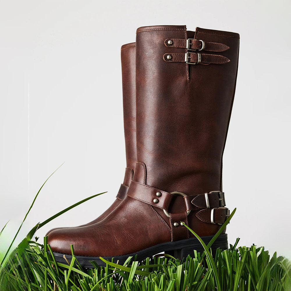 Brown Chunky Heel Buckle Strap Faux Leather Motorcycle Mid Calf Boots