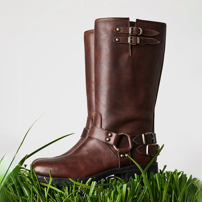 Brown Chunky Heel Buckle Strap Faux Leather Motorcycle Mid Calf Boots