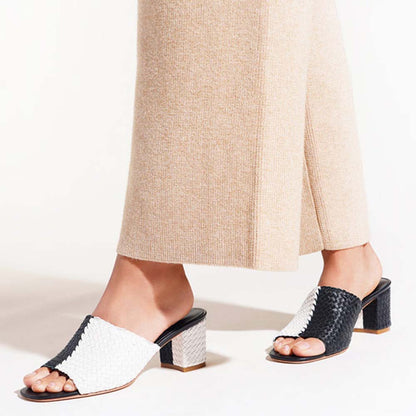 Black & White Woven Square Toe Block Heel Mules Sandals for Women