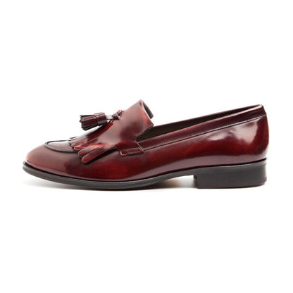 Maroon Vegan Leather Rounded Toe Block Heel Fringe Loafers