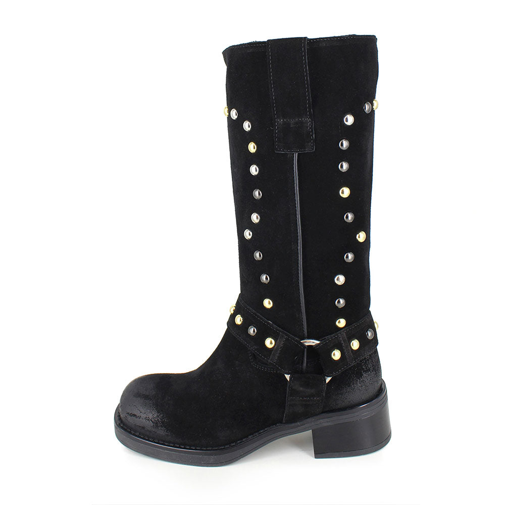 Studded Chunky Heel Square Toe Hardware Mid Calf Boots in Black