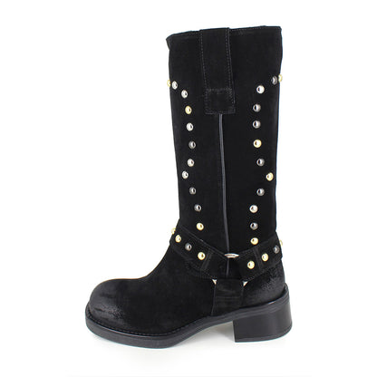 Studded Chunky Heel Square Toe Hardware Mid Calf Boots in Black