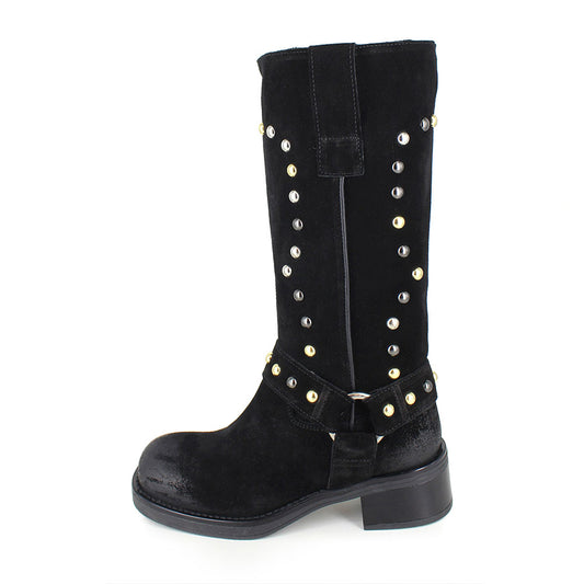 Studded Chunky Heel Square Toe Hardware Mid Calf Boots in Black