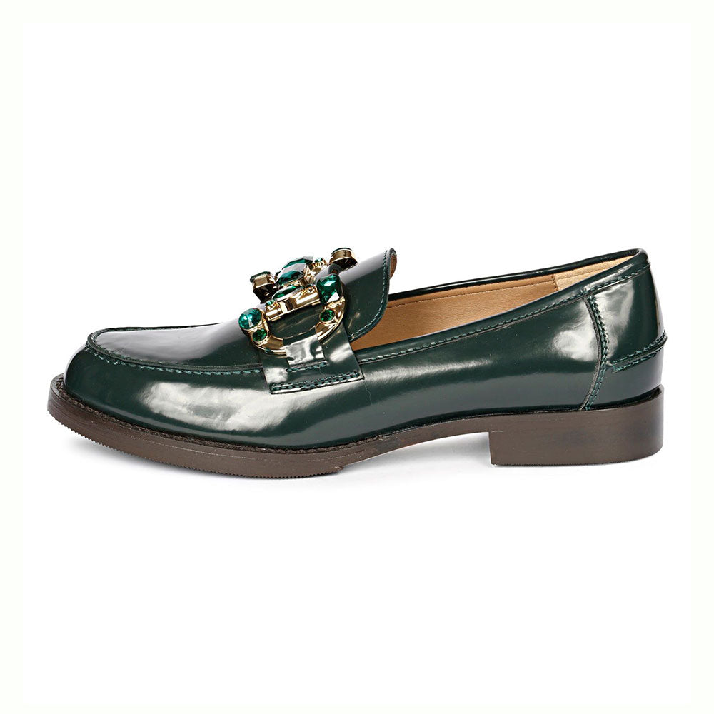 FSJ Luxurious Dark Green Round Toe Jewelry Flat Horsebit Loafers
