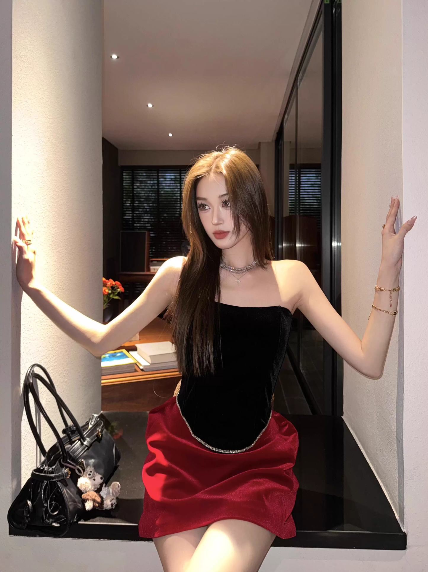 New Red & Black Patchwork Design A-line Strapless Party Dress Homecoming Dress TP3910