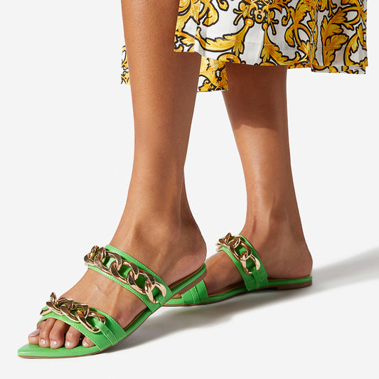 Women's Green Pointed Toe Metal Chain Decor Flat Mules