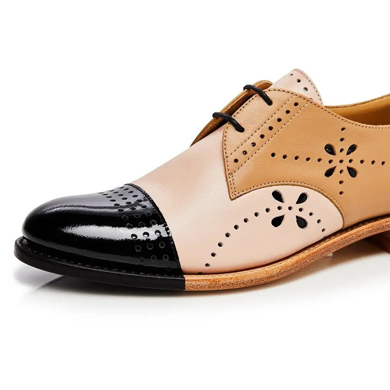 Multicolor Round Toe Flats Classic Cutout Lace Up Women's Oxfords