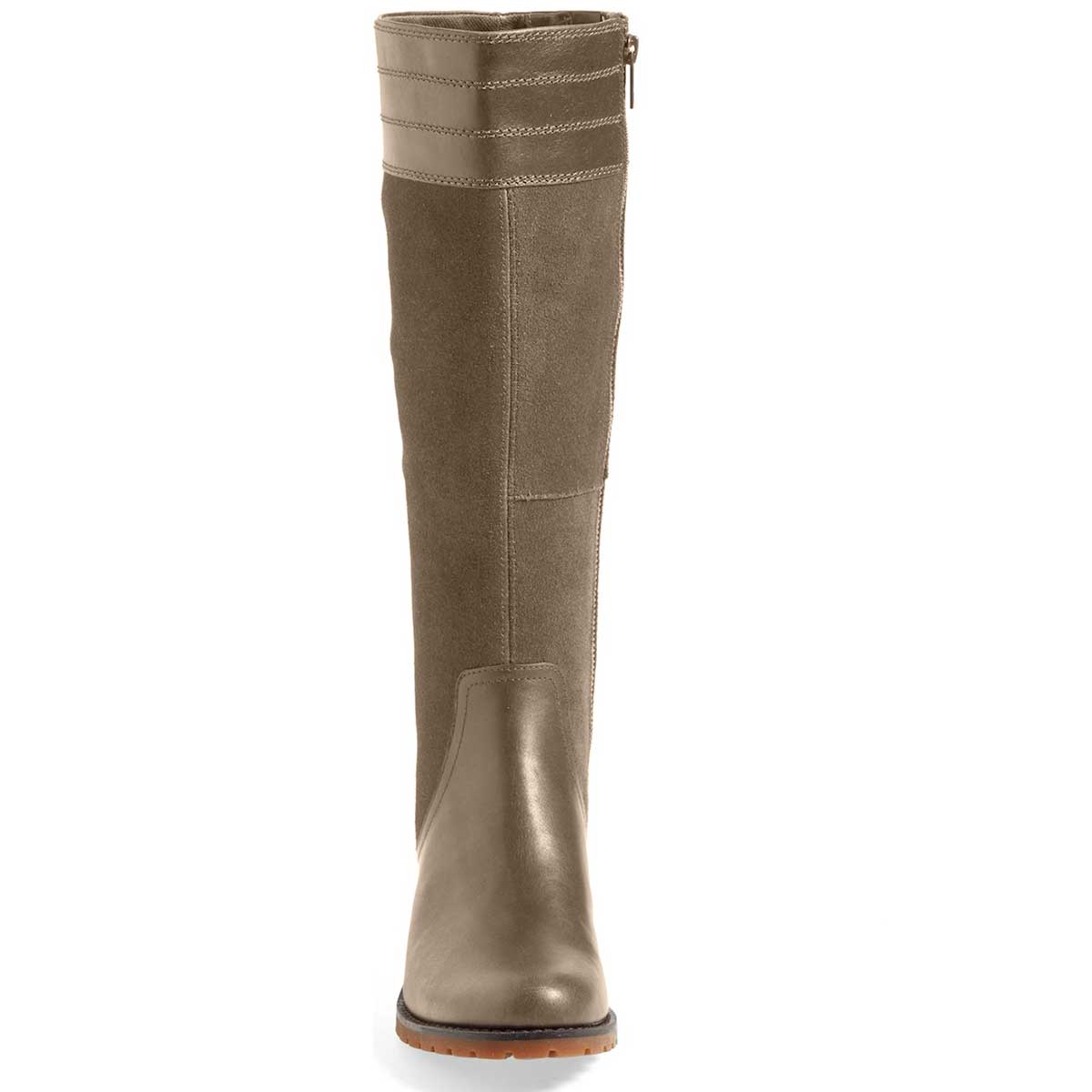 Olive Grey Round Toe Patchwork Low Heel Knee High Boots with Zip