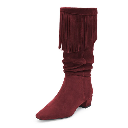 Women's Square Toe Low Heel Fringe Maroon Below The Knee Boots