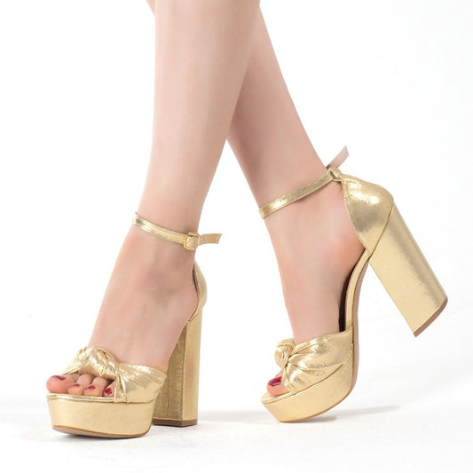 Gold Platform Sandals Peep Toe Ankle Strap Chunky Heels with Knot
