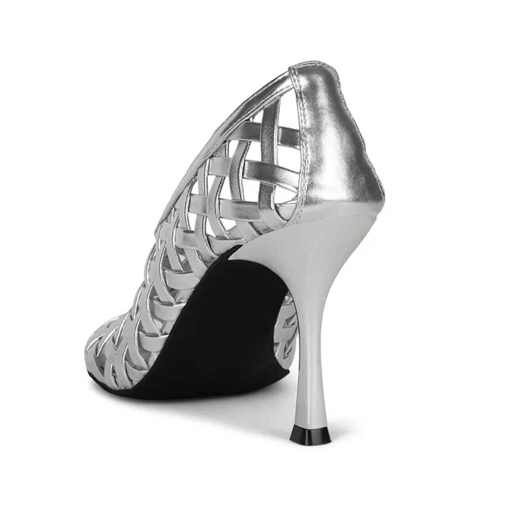 Silver Metallic Woven Round Toe Spool Heel Pumps for Women