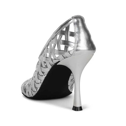 Silver Metallic Woven Round Toe Spool Heel Pumps for Women