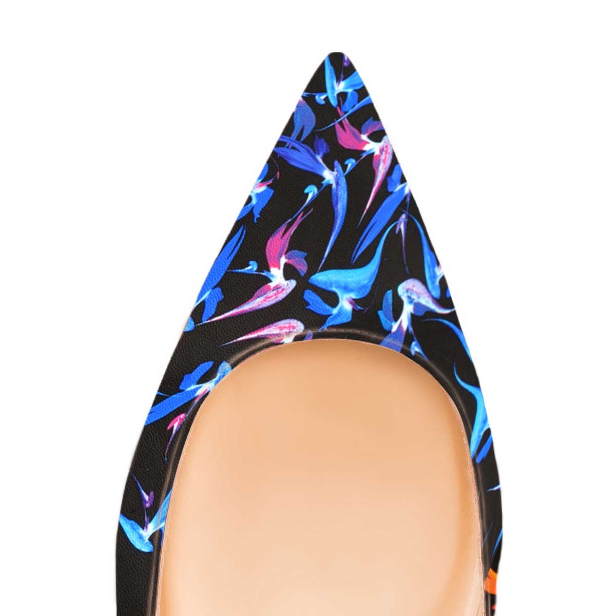 FSJ Women's Black Pointed Toe Flats with Blue Floral Print