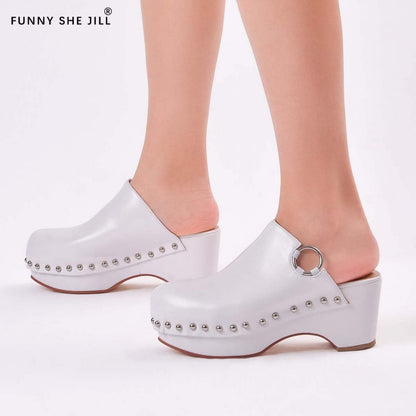 White Round Toe Clogs Chunky Heel Platform Mules with Studs