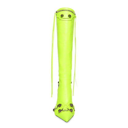 Lime Green Buckled Pointed Toe Studded Stiletto Heel Knee High Boots