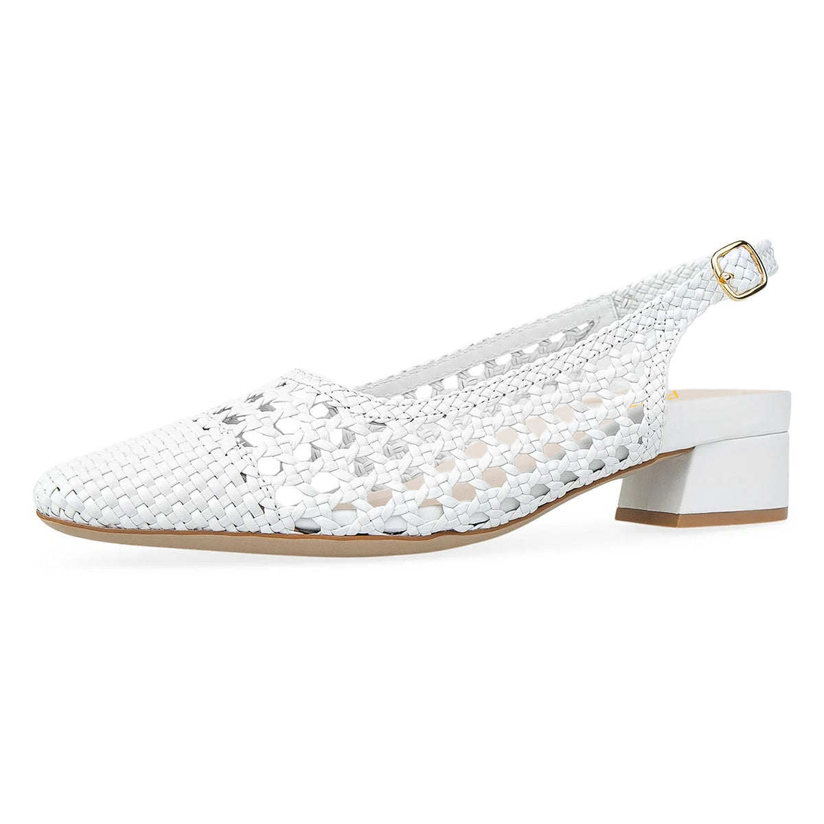 White Woven Cut Out Square Toe Block Heel Buckled Slingback Shoes