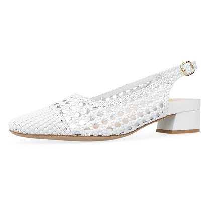 White Woven Cut Out Square Toe Block Heel Buckled Slingback Shoes