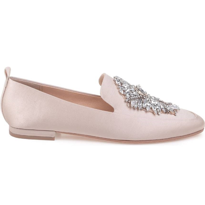 Pink Satin Flats Round Toe Rhinestone Loafers for Women