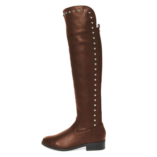 Women's Brown Round Toe Studded Flat Knee High Boots by FSJ