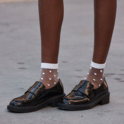 FSJ Classic Black Round Toe Low Chunky Heel Slip On Women's Loafers