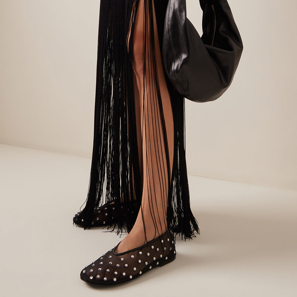 Women's Black Mesh Round-Toe Rhinestone Embellished Flats