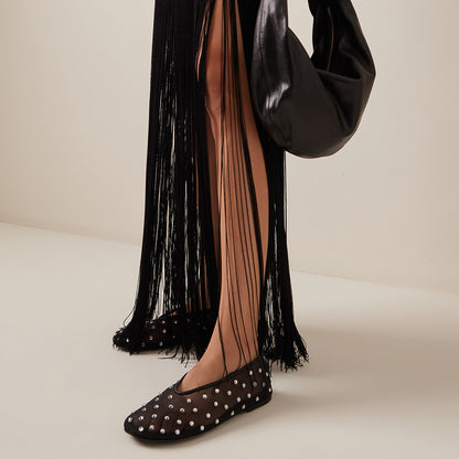 Women's Black Mesh Round-Toe Rhinestone Embellished Flats