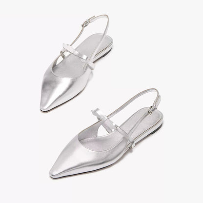 Silver Slingback Flats Pointed Toe Strap Metallic Shoes with Bows