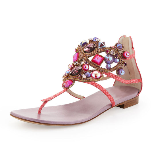 Women's Red Faux Jeweled Thong Sandals Beach Vacation Flats