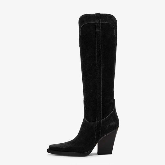 Black Pointed Toe Wide-Calf Knee High Boots with Chunky Heel