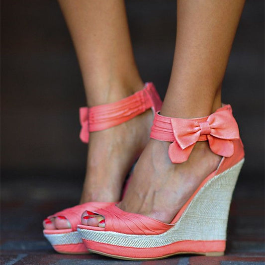 Coral Pink Peep Toe Pleated Ankle Strap Wedge Sandals with Bows